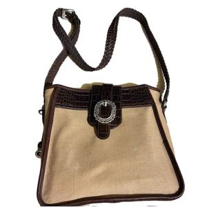 Brighton Tan Canvas Bag Purse Brown Croc-Embossed Leather Crossbody Western 9X9”